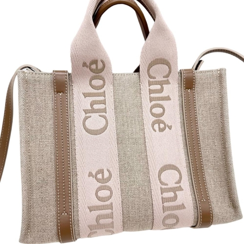 【Chloe/クロエ】 ウッディ スモール 2WAY ハンドバッグ ショルダーバッグ キャンバス/レザー ベージュ/ピンク レディース【中古】【真子質店】【BL】【YMox】