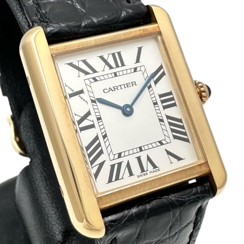 【CARTIER/カルティエ】 タンクソロSM W1018755(2743)  腕時計 K18YGイエローゴールド/レザー/ステンレス クオーツ シルバー文字盤/黒革 レディース【中古】【真子質店】【BL】【DMoxx】