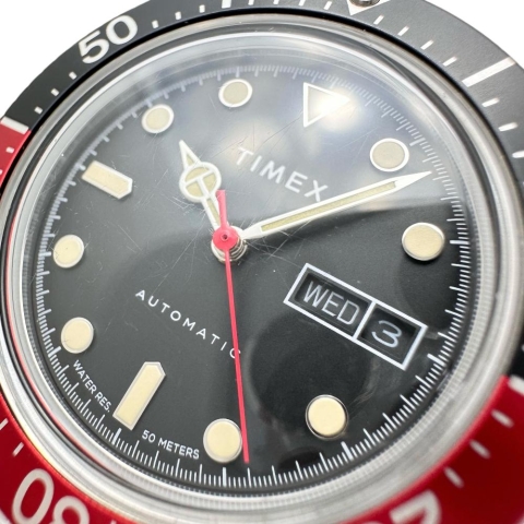 【TIMEX/タイメックス】 M79 デイデイト  コークカラー　裏スケ 腕時計 ステンレススチール 自動巻き/オートマ 黒文字盤/赤黒ベゼル メンズ【中古】【真子質店】【NN】【IIx】