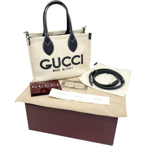 【GUCCI/グッチ】 GUCCIプリント ミニ 772144 2WAYショルダーバッグ  ハンドバッグ コットンリネン/レザー ベージュ/ネイビー レディース【中古】【真子質店】【BL】【IIDD】