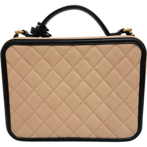 【CHANEL/シャネル】 CCフィリグリー チェーンバニティバッグ A93342 カード/シール付き ショルダーバッグ 26番台（2018～2019年 キャビアスキン ベージュ/ブラック/ゴールド金具 レディース【中古】【真子質店】【BL】【MaMaxx】