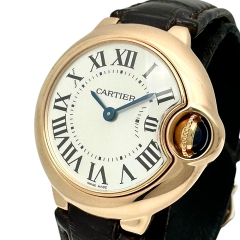 【CARTIER/カルティエ】 W6900256 バロンブルー　28mm 腕時計/レザー/PG クオーツ 銀文字盤/茶革ベルト レディース【中古】【真子質店】【BL】【MoMoMoMo】