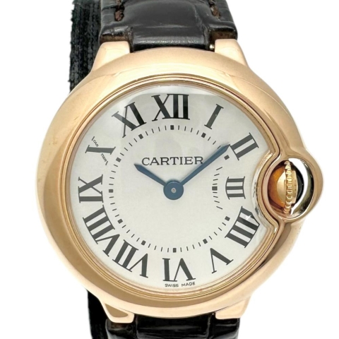 【CARTIER/カルティエ】 W6900256 バロンブルー　28mm 腕時計/レザー/PG クオーツ 銀文字盤/茶革ベルト レディース【中古】【真子質店】【BL】【MoMoMoMo】