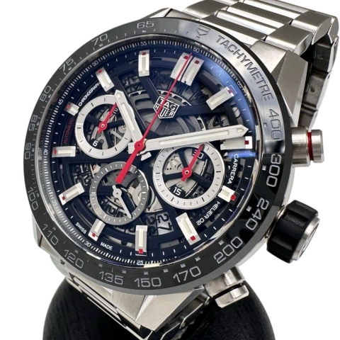 【TAG HEUER/タグホイヤー】 カレラ CBG2010 ホイヤー02 スケルトン 腕時計 ステンレススチール 自動巻き/オートマ 黒文字盤/銀ベルト メンズ【中古】【真子質店】【GD】【TSKx】