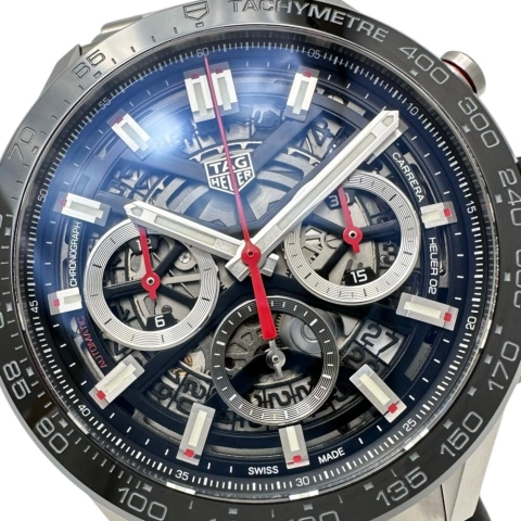 【TAG HEUER/タグホイヤー】 カレラ CBG2010 ホイヤー02 スケルトン 腕時計 ステンレススチール 自動巻き/オートマ 黒文字盤/銀ベルト メンズ【中古】【真子質店】【GD】【TSKx】