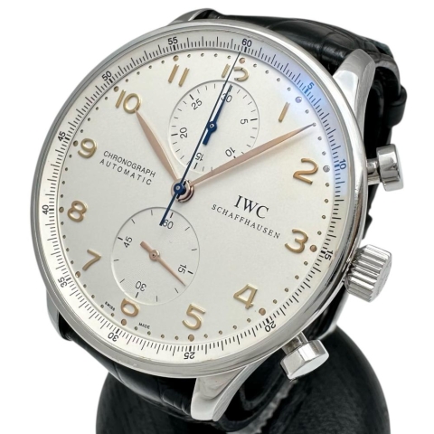 【IWC/インターナショナルウォッチカンパニー】 ポルトギーゼ クロノ IW371401 腕時計 ステンレススチール/レザー 自動巻き/オートマ 銀文字盤/黒革 メンズ【中古】【真子質店】【BL】【MaKMiD】