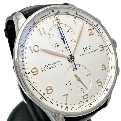 【IWC/インターナショナルウォッチカンパニー】 ポルトギーゼ クロノ IW371401 腕時計 ステンレススチール/レザー 自動巻き/オートマ 銀文字盤/黒革 メンズ【中古】【真子質店】【BL】【MaKMiD】