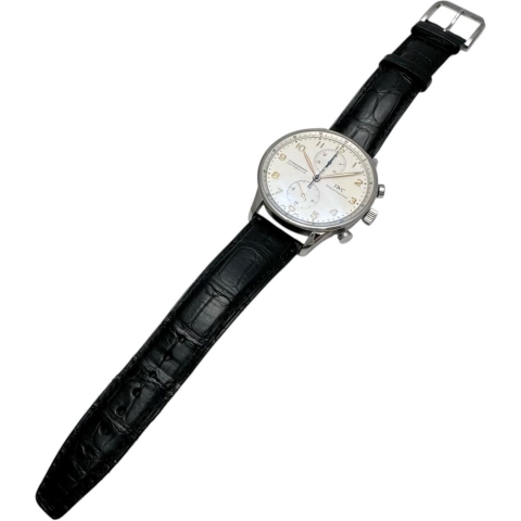 【IWC/インターナショナルウォッチカンパニー】 ポルトギーゼ クロノ IW371401 腕時計 ステンレススチール/レザー 自動巻き/オートマ 銀文字盤/黒革 メンズ【中古】【真子質店】【BL】【MaKMiD】