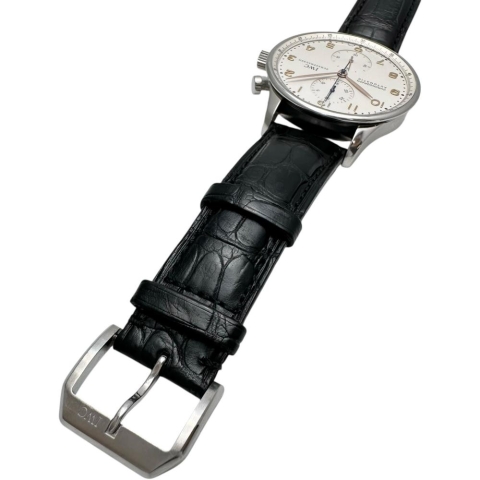 【IWC/インターナショナルウォッチカンパニー】 ポルトギーゼ クロノ IW371401 腕時計 ステンレススチール/レザー 自動巻き/オートマ 銀文字盤/黒革 メンズ【中古】【真子質店】【BL】【MaKMiD】