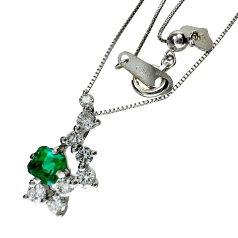 エメラルド 0.276ct ダイヤモンド 0.31ct ネックレス K18WGホワイトゴールド 18金 2.7g 50cm レディース【中古】【真子質店】【NN】【DMiD】