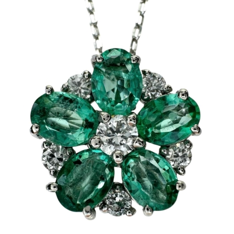 エメラルド 0.74ct ダイヤモンド 0.15ct ネックレス Pt900プラチナ/Pt850プラチナ 2.1g 40cm レディース【中古】【真子質店】【NN】【MaMiMo】