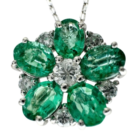 エメラルド 0.75ct ダイヤモンド 0.15ct ネックレス Pt900プラチナ/Pt850プラチナ 2.1g 40cm レディース【中古】【真子質店】【NN】【MaMiMo】