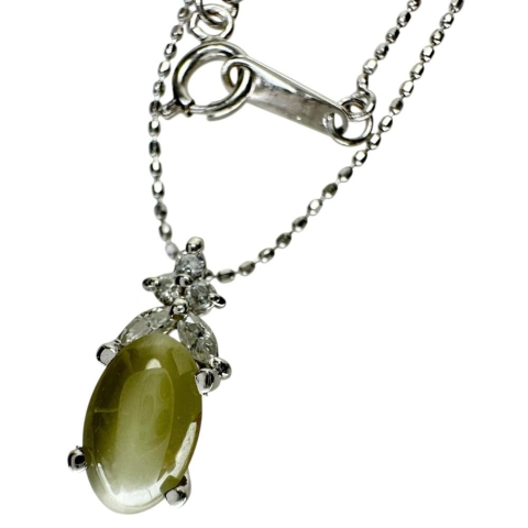 クリソベリルキャッツアイ 1.45ct ダイヤモンド 0.12ct ネックレス Pt900プラチナ/K18WGホワイトゴールド 18金 2.6g 40cm レディース【中古】【真子質店】【NN】【TYD】