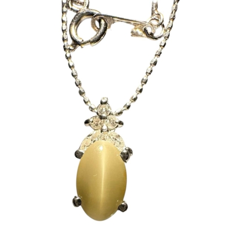 クリソベリルキャッツアイ 1.45ct ダイヤモンド 0.12ct ネックレス Pt900プラチナ/K18WGホワイトゴールド 18金 2.6g 40cm レディース【中古】【真子質店】【NN】【TYD】