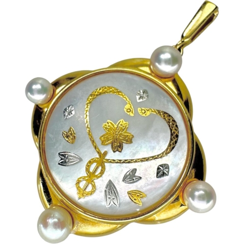【MIKIMOTO/ミキモト】 ピクウェ/象嵌 シェル 真珠3.5-4.0ｍｍ ペンダントトップ シェル/K18ゴールド 18金 6.3g レディース【中古】【真子質店】【GD】【SSx】