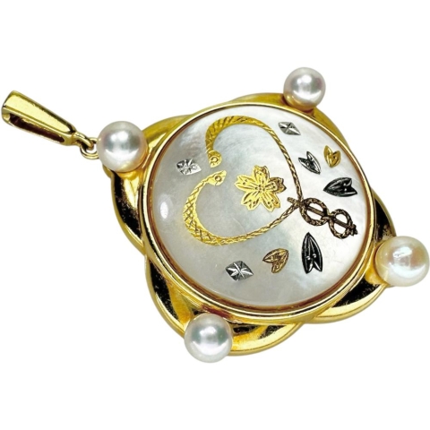 【MIKIMOTO/ミキモト】 ピクウェ/象嵌 シェル 真珠3.5-4.0ｍｍ ペンダントトップ シェル/K18ゴールド 18金 6.3g レディース【中古】【真子質店】【GD】【SSx】