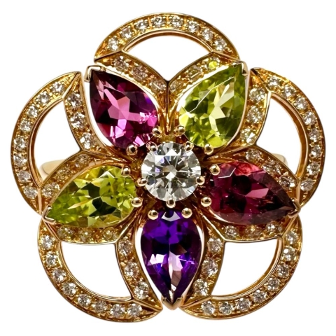 14.5号【BVLGARI/ブルガリ】 フラワーモチーフ ダイヤモンド/ピンクトルマリン/ペリドット/アメジスト リング・指輪 ディーヴァドリーム K18PGピンクゴールド 18金 7.4g レディース【中古】【真子質店】【BL】【YYxx】