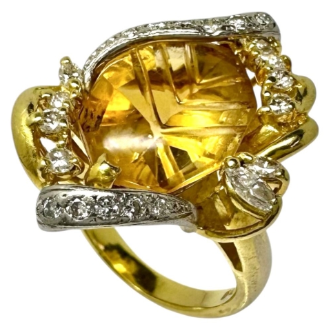 12.5号 シトリン ダイヤモンド 計0.44ct リング・指輪 K18ゴールド 18金/Pt900プラチナ 8.8g レディース【中古】【真子質店】【NN】【SxT】