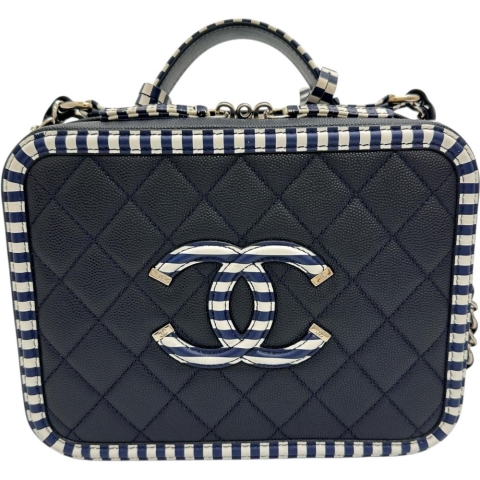 【CHANEL/シャネル】 CCフィリグリー カード/シール有 チェーンショルダー バニティ ハンドバッグ キャビアスキン ネイビー/ホワイト レディース【中古】【真子質店】【BL】【MaMoxx】