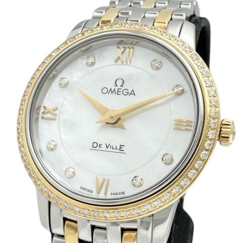 【OMEGA/オメガ】 デビル 424.25.27.60.55.001 8P＆ダイヤモンド巻ベゼル 腕時計 ステンレススチール/イエローゴールド クオーツ シェル文字盤/シルバー、ゴールドコンビベルト レディース【中古】【真子質店】【GD】【TKMox】