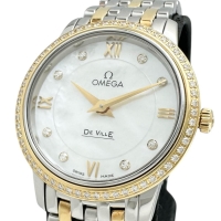 【OMEGA/オメガ】 デビル 424.25.27.60.55.001 8P＆ダイヤモンド巻ベゼル 腕時計 ステンレススチール/イエローゴールド クオーツ シェル文字盤/シルバー、ゴールドコンビベルト レディース【中古】【真子質店】【GD】【TKMox】