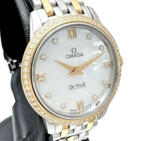 【OMEGA/オメガ】 デビル 424.25.27.60.55.001 8P＆ダイヤモンド巻ベゼル 腕時計 ステンレススチール/イエローゴールド クオーツ シェル文字盤/シルバー、ゴールドコンビベルト レディース【中古】【真子質店】【GD】【TKMox】