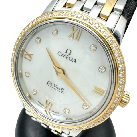 【OMEGA/オメガ】 デビル 424.25.27.60.55.001 8P＆ダイヤモンド巻ベゼル 腕時計 ステンレススチール/イエローゴールド クオーツ シェル文字盤/シルバー、ゴールドコンビベルト レディース【中古】【真子質店】【GD】【TKMox】