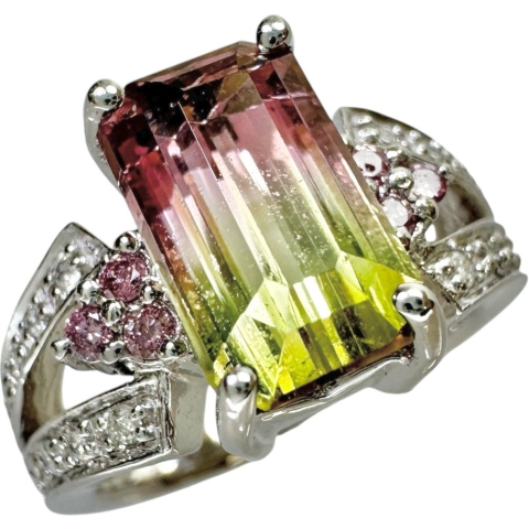 11号 バイカラートルマリン 3.48ct ダイヤモンド 0.18ct ピンクダイヤモンド 0.10ct リング・指輪 K18WGホワイトゴールド 18金 8.3g レディース【中古】【真子質店】【NN】【ITIx】