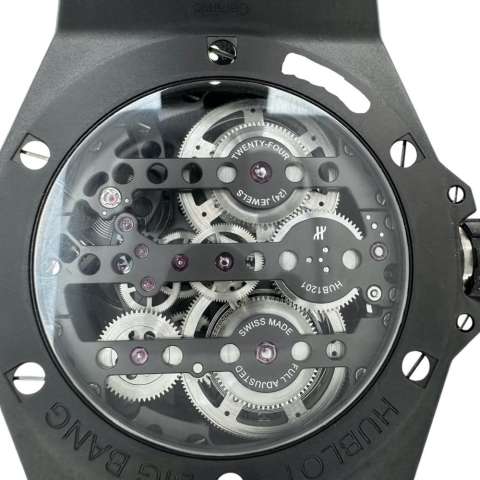 【HUBLOT/ウブロ】 ビックバン メカ10 ブラックマジック 414.CL.1123.RX 保証書/ギャラ/箱付き スケルトン 10デイズ ロングパワーリザーブ 腕時計 セラミック/ラバー 手巻き ブラック文字盤/ブラックラバーベルト メンズ【中古】【真子質店】【BL】【IIMoMox】