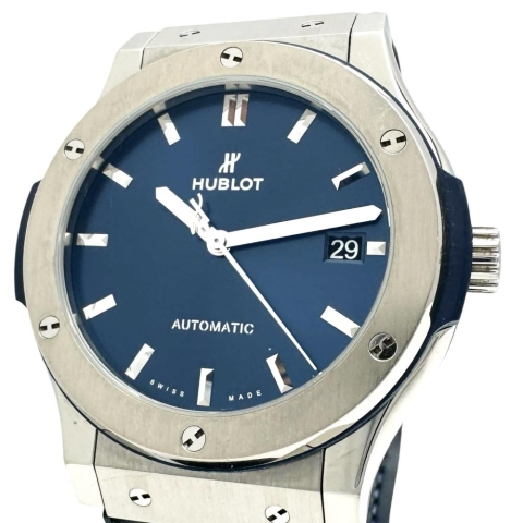【HUBLOT/ウブロ】 クラシックフュージョン 511.NX.7170.LR 保証書/ギャラ/箱付 裏スケルトン 腕時計 ステンレススチール/レザー 自動巻き/オートマ ブルー文字盤/ブルーレザー/ラバーベルト メンズ【中古】【真子質店】【BL】【DKxx】
