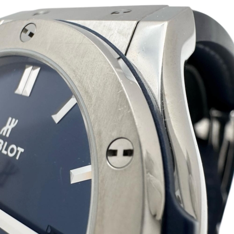 【HUBLOT/ウブロ】 クラシックフュージョン 511.NX.7170.LR 保証書/ギャラ/箱付 裏スケルトン 腕時計 ステンレススチール/レザー 自動巻き/オートマ ブルー文字盤/ブルーレザー/ラバーベルト メンズ【中古】【真子質店】【BL】【DKxx】