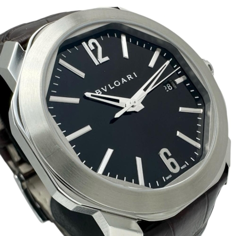 【BVLGARI/ブルガリ】 オクト OC41S 保証書/ギャラ/箱付 裏スケルトン 腕時計 ステンレススチール/レザー 自動巻き/オートマ ダークブラウン文字盤/ブラウンレザー メンズ【中古】【真子質店】【BL】【MaxID】