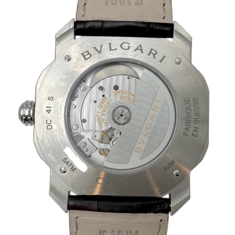 【BVLGARI/ブルガリ】 オクト OC41S 保証書/ギャラ/箱付 裏スケルトン 腕時計 ステンレススチール/レザー 自動巻き/オートマ ダークブラウン文字盤/ブラウンレザー メンズ【中古】【真子質店】【BL】【MaxID】