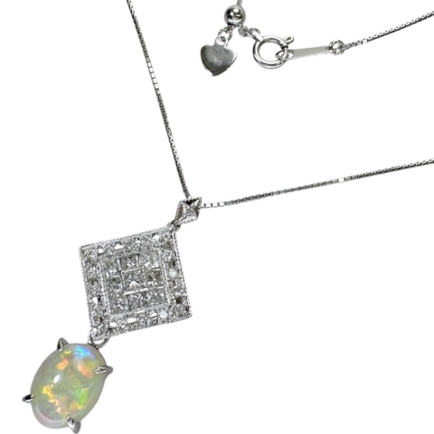 オパール 1.41ct ダイヤモンド 0.70ct ネックレス Pt900プラチナ/K18WGホワイトゴールド 18金 4.9g 46cm レディース【中古】【真子質店】【NN】【YTK】