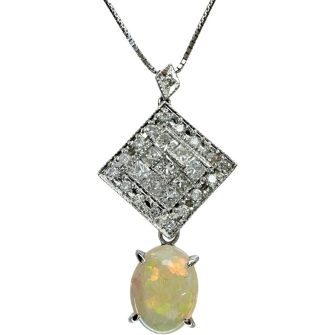オパール 1.41ct ダイヤモンド 0.70ct ネックレス Pt900プラチナ/K18WGホワイトゴールド 18金 4.9g 46cm レディース【中古】【真子質店】【NN】【YTK】