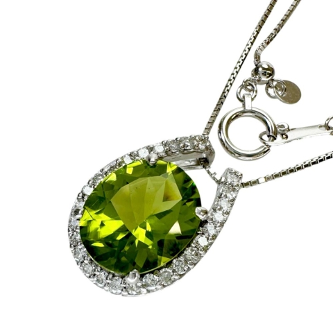 ペリドット 3.53ct ダイヤモンド 0.32ct ネックレス K18WGホワイトゴールド 18金 4.8g 45cm レディース【中古】【真子質店】【NN】【KDMi】