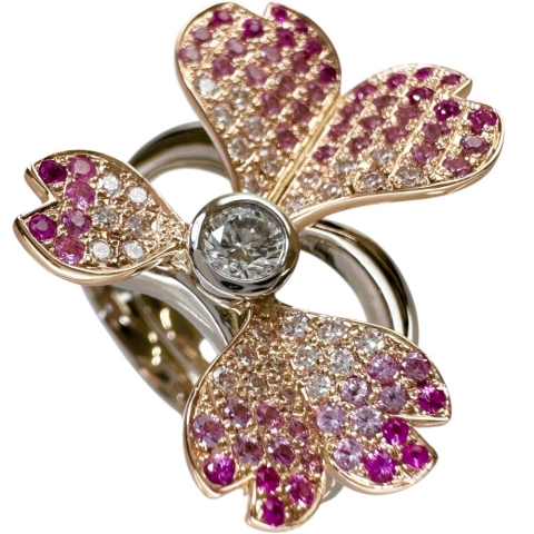 13.5号 若菜英司 セパレートリング フラワーモチーフ サファイア 0.28/0.42ct ダイヤモンド 0.30/0.12ct リング・指輪 Pt900プラチナ/K18ゴールド 18金 14.4g レディース【中古】【真子質店】【NN】【IMaMoMa】