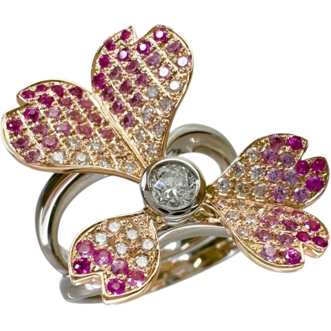 13.5号 若菜英司 セパレートリング フラワーモチーフ サファイア 0.28/0.42ct ダイヤモンド 0.30/0.12ct リング・指輪 Pt900プラチナ/K18ゴールド 18金 14.4g レディース【中古】【真子質店】【NN】【IMaMoMa】