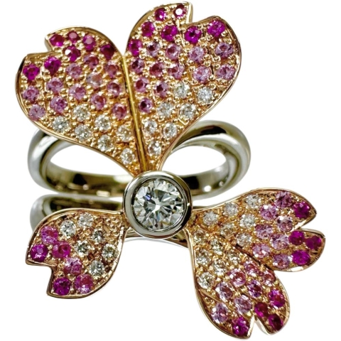 13.5号 若菜英司 セパレートリング フラワーモチーフ サファイア 0.28/0.42ct ダイヤモンド 0.30/0.12ct リング・指輪 Pt900プラチナ/K18ゴールド 18金 14.4g レディース【中古】【真子質店】【NN】【IMaMoMa】