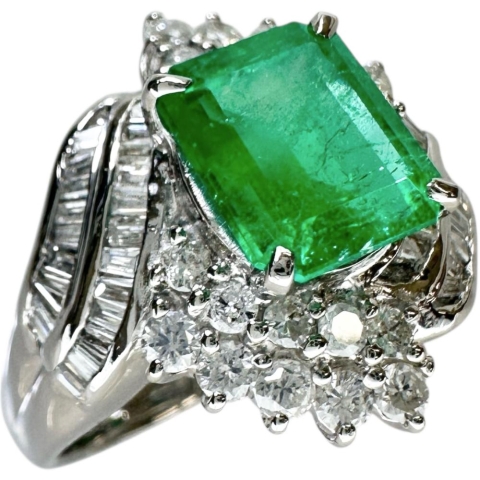 17号 エメラルド 3.12ct ダイヤモンド 計1.18ct リング・指輪 Pt900プラチナ 12.6g レディース【中古】【真子質店】【NN】【TTxx】