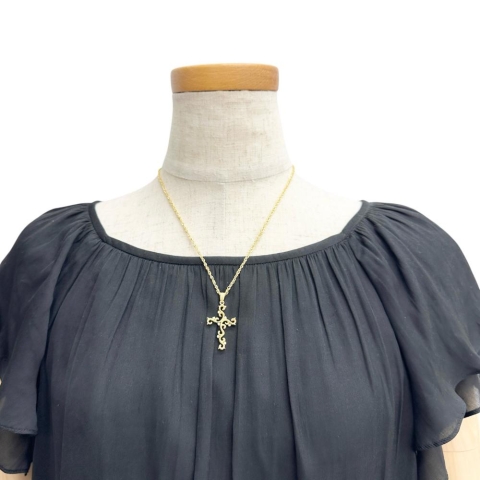 つる草風 十字架/クロスデザイン ダイヤモンド 0.10ct ネックレス K18ゴールド 18金 7.2g 46cm レディース【中古】【真子質店】【NN】【ITKY】
