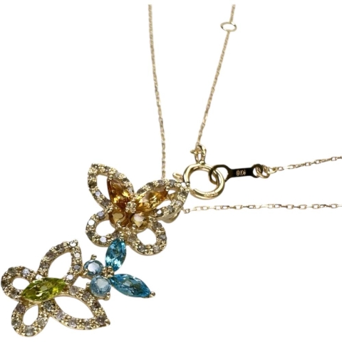 バタフライモチーフ シトリン/ブルートパーズ/ペリドット 0.50ct ネックレス K18ゴールド 18金 2.1g 45.5cm レディース【中古】【真子質店】【NN】【MaIK】