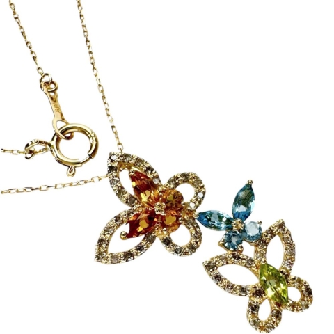 バタフライモチーフ シトリン/ブルートパーズ/ペリドット 0.50ct ネックレス K18ゴールド 18金 2.1g 45.5cm レディース【中古】【真子質店】【NN】【MaIK】