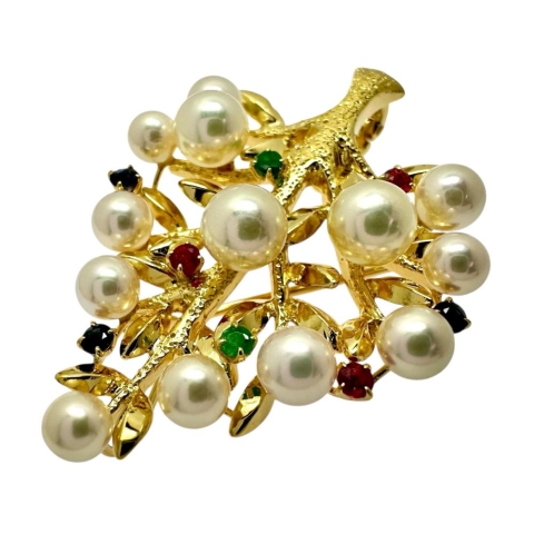 ブローチ兼用 アコヤ真珠3.9ｍｍ～5.8mm エメラルド/ルビー/サファイア ペンダントトップ K18ゴールド 18金 9.3g レディース【中古】【真子質店】【NN】【KYx】