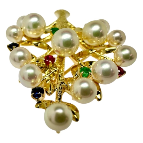 ブローチ兼用 アコヤ真珠3.9ｍｍ～5.8mm エメラルド/ルビー/サファイア ペンダントトップ K18ゴールド 18金 9.3g レディース【中古】【真子質店】【NN】【KYx】