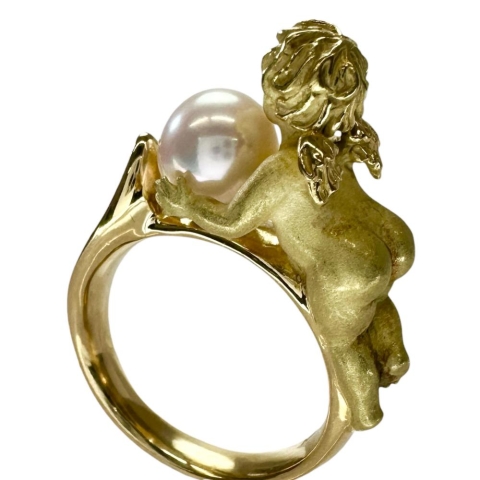 14.5号 天使モチーフ アコヤパール7.8mm リング・指輪 K18ゴールド 18金 15.3g レディース【中古】【真子質店】【NN】【TMoMoT】