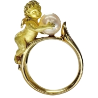 14.5号 天使モチーフ アコヤパール7.8mm リング・指輪 K18ゴールド 18金 15.3g レディース【中古】【真子質店】【NN】【TMoMoT】