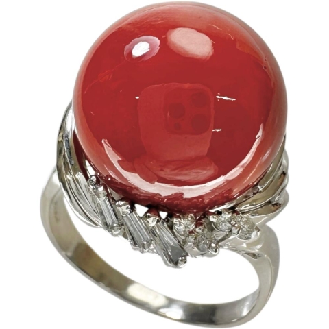 18号 丸玉血赤サンゴ（珊瑚）14.4mm リング・指輪 Pt900プラチナ 13.1g レディース【中古】【真子質店】【NN】【IxMaD】