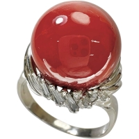 18号 丸玉血赤サンゴ（珊瑚）14.4mm リング・指輪 Pt900プラチナ 13.1g レディース【中古】【真子質店】【NN】【IxMaD】