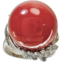 18号 丸玉血赤サンゴ（珊瑚）14.4mm リング・指輪 Pt900プラチナ 13.1g レディース【中古】【真子質店】【NN】【IxMaD】